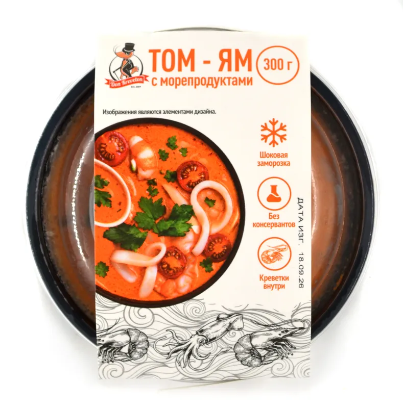 Суп Том Ям с морепродуктами готовый с/м Don Kreveton 0,3кг*6шт